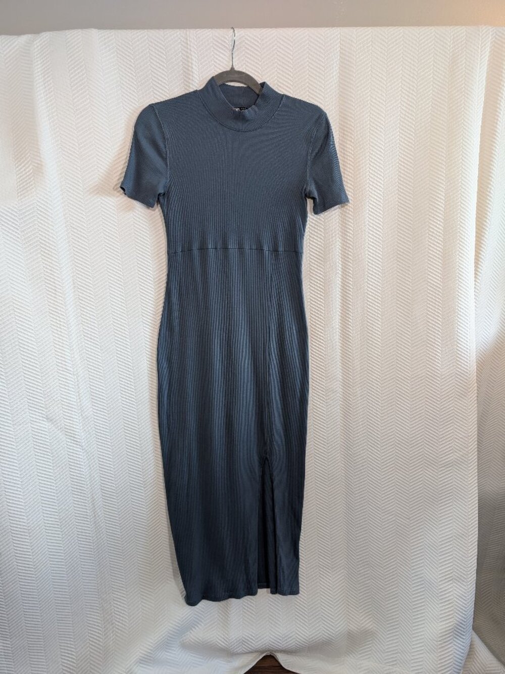 ZARA Ribbed Mock Neck Midi Dress Slate Blue Short Sleeve Slit Minimalist Small